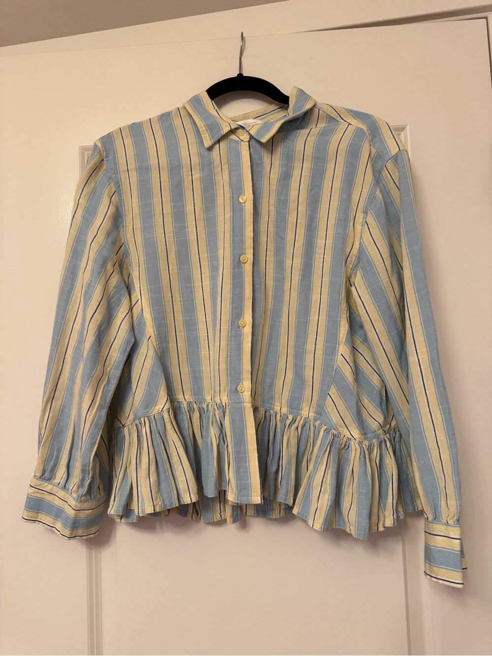 Lauren Conrad Striped Ruffle Hem Button-Up Top in Blue & Cream
